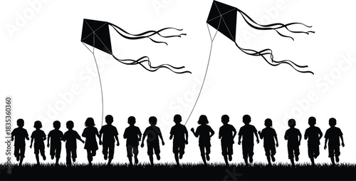 Group of Children Running with Kites Silhouette Vector, Kids Playing Outdoors in Field, Representing Childhood, Freedom, Summer Fun, Playtime, Spring Activities, and Happiness Graphic Design.
