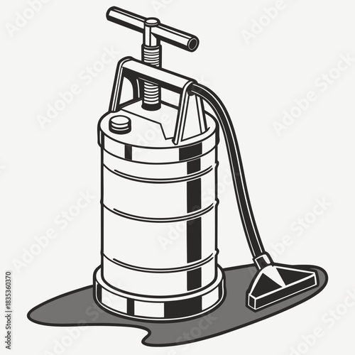 Vintage style illustration of a wet dry vacuum cleaner with a metal tank and hose sucking up a liquid spill