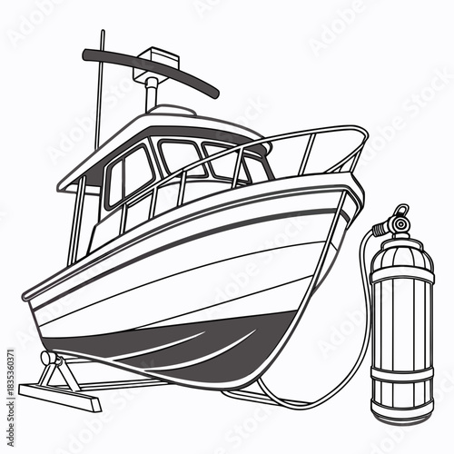 Line art illustration of a fishing boat with a scuba diving tank connected to its side