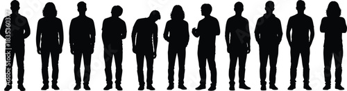 Group of black silhouettes of young men standing in line, isolated on white background, vector illustration, people set