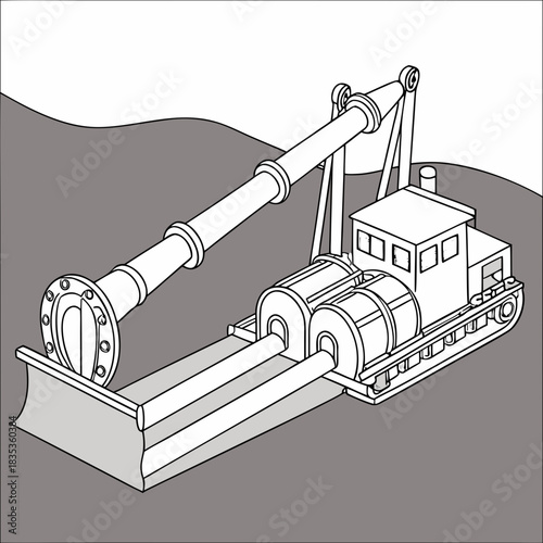 Line art illustration of a specialized construction vehicle with a large pipe and a bulldozer blade for pipe laying
