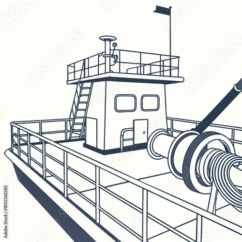 Close up of a tugboat deck with a winch and a cabin featuring a simple line art style