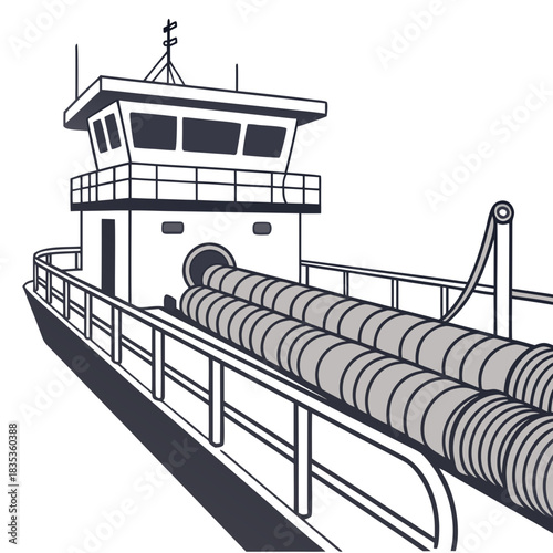 Illustration of a specialized ship carrying and deploying large pipes or cables on the ocean surface