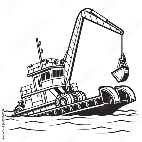 A black and white illustration of a dredging boat with a large mechanical claw and bucket operating in the water