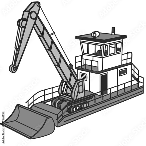 Illustration of a specialized barge equipped with a powerful crane and a large bucket for dredging and construction work