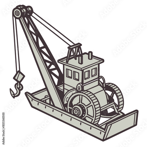Vintage illustration of a self propelled crane barge with a large hook and boom on a white background
