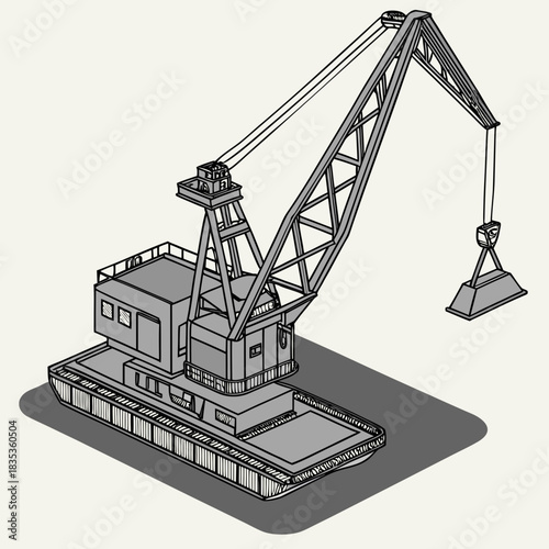 Detailed isometric illustration of a large industrial barge mounted crane with a heavy load suspended from its boom