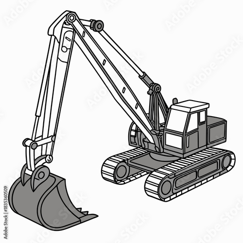 Stylized illustration of a heavy duty tracked excavator with a large bucket ready for construction work