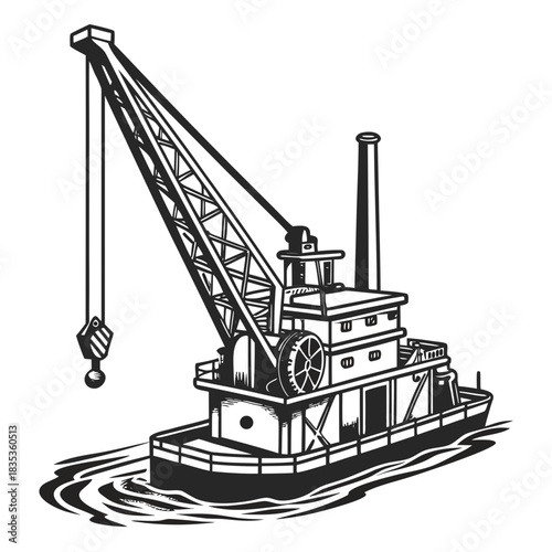A black and white illustration of a crane barge with a large boom and hook floating on wavy water