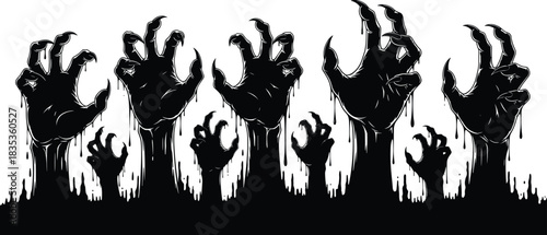 Horror Zombie Hands Silhouette Vector Rising from Grave, Undead Monster Claws Reaching Up, Representing Halloween, Spooky Graveyard, Nightmare, Apocalypse, and Grotesque Horror Graphic Element.