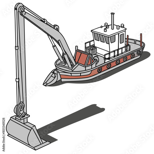 Illustration of a specialized excavator barge designed for marine construction and dredging operations