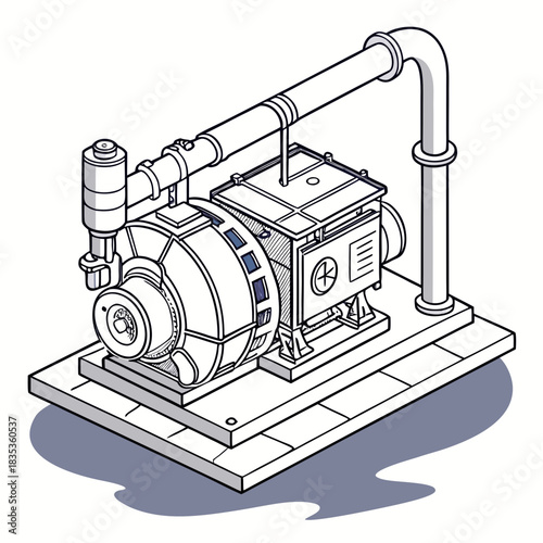 Isometric illustration of a complex industrial pump and motor system with pipes and a shadow