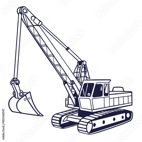 Detailed line art illustration of a tracked excavator with a large bucket and boom on a white background
