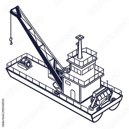 Isometric line art illustration of a marine crane barge with a large boom and hook ready for operation