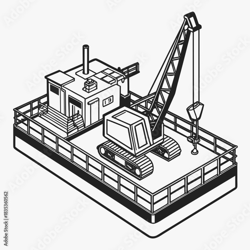 Isometric illustration of a construction barge with a crane and crawler excavator for heavy lifting and marine operations