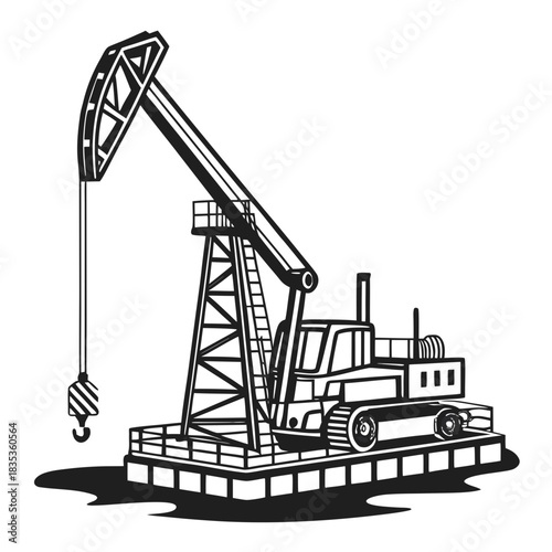 Black and white illustration of an oil pumpjack on a platform with a truck and hook for oil extraction