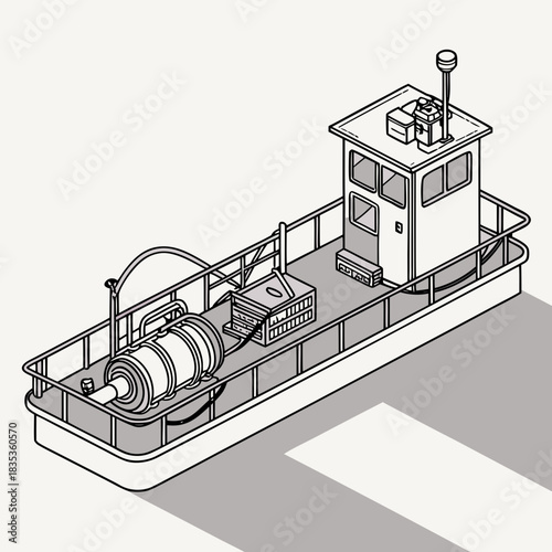 Isometric illustration of a compact workboat with a large winch and a small cabin on deck