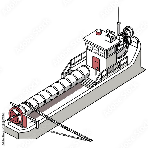 Illustration of a specialized barge carrying a large cylindrical pipe for offshore construction or pipeline laying operations