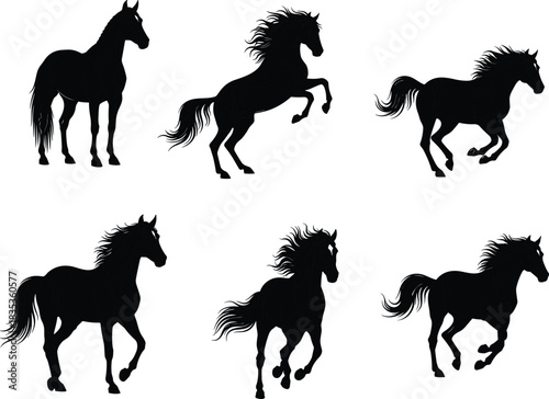 Horse silhouette illustration, equine motion, running horse, rearing pose, standing figure, black vector art, animal anatomy, dynamic concept, graceful design
