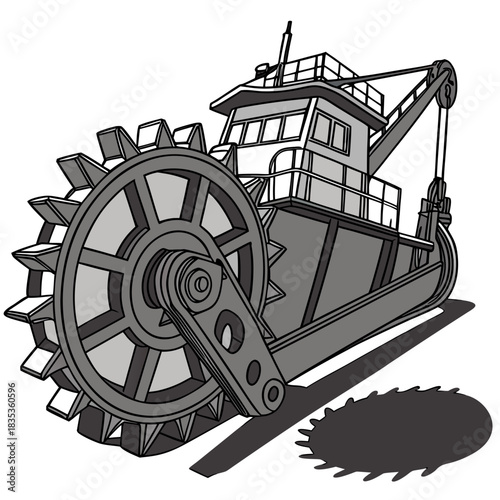 Illustration of a dredger boat with a large rotating wheel for excavating material from the seabed
