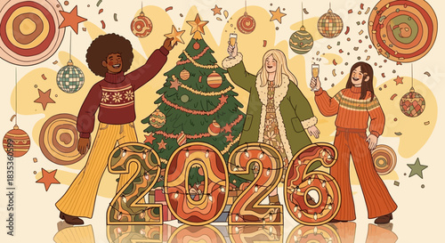Celebrating the New Year 2026 Friends Toasting by the Christmas Tree with Festive Cheer