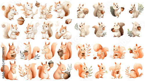 A delightful watercolor collection of playful squirrels holding acorns, sitting, running, and interacting with forest plants, ideal for children themes, woodland art, and charming animal designs.