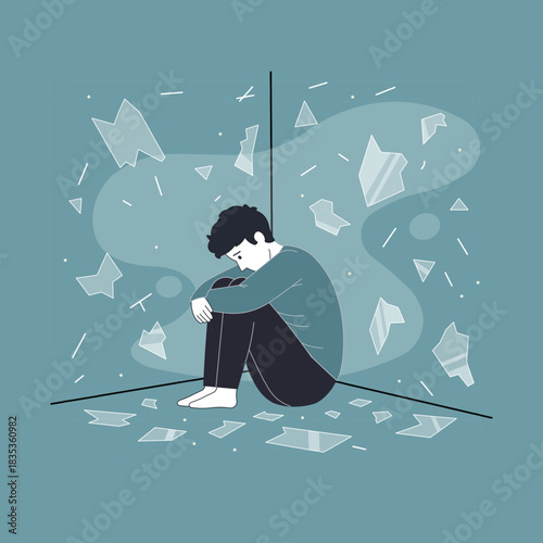 Illustration of Lonely Person Sits Alone In A Shattered Room Feeling Isolated, Anxious, And Reflective. Mental Health Edition. Element design. Clip art. Vector illustration. Suitable for any design.
