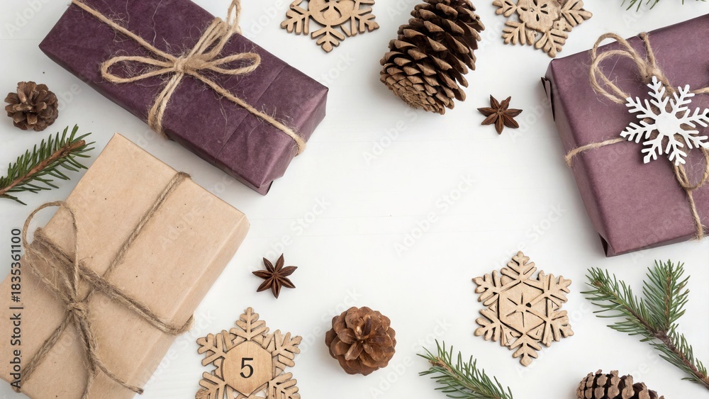 Fototapeta premium Wrapped Gifts with Snowy Fir Border on Top - 1