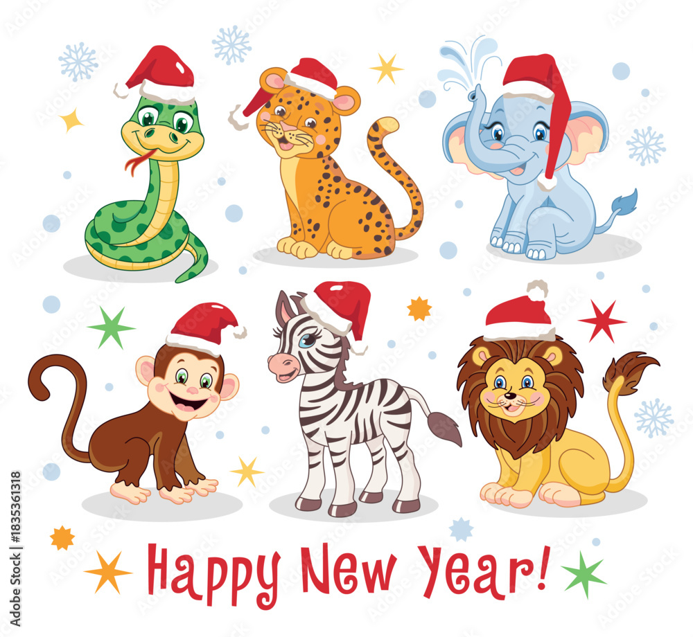 Naklejka premium Christmas African jungle animals in a Santa hat, snake, panther, elephant, monkey, zebra, lion. Funny new year characters, cute animals, holiday mascot, Santa team, vector cartoon flat isolated set