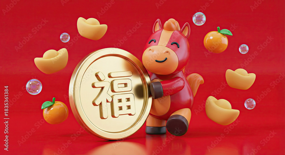 Naklejka premium Cute red horse character holding large gold lucky coin with fortune symbol. 3D illustration for Chinese New Year 2026 Year of the Horse and wealth.
