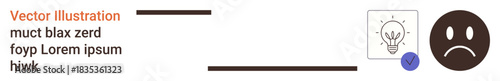 Idea validation, feedback evaluation, user review, decision-making, creativity, concept testing. A checkbox with lightbulb and a sad face icon. Idea validation and feedback evaluation concept