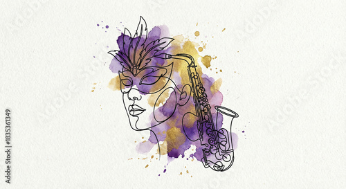 Continuous line drawing of woman face in carnival mask with feathers and saxophone. Artistic watercolor splash on textured paper for Mardi Gras jazz party.
