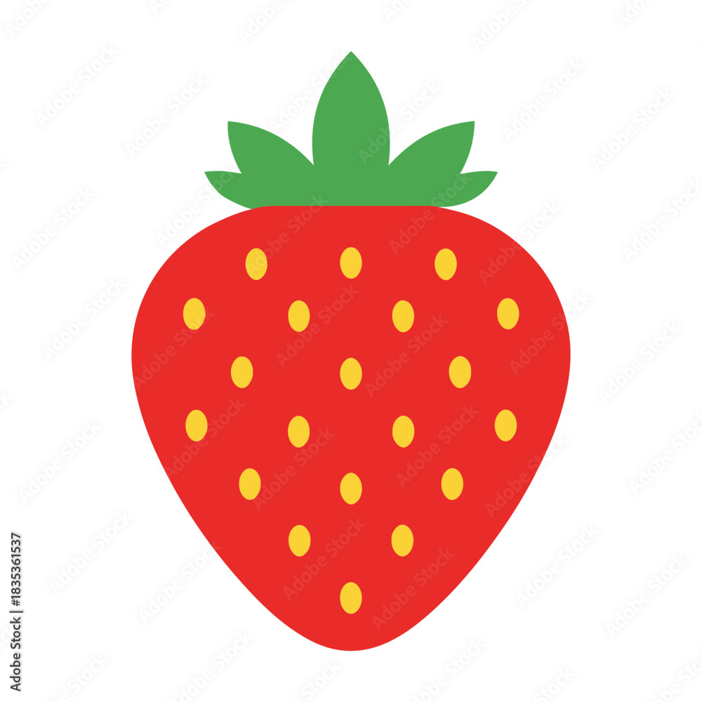 Fototapeta premium Vector illustration of a single red strawberry with green leaves and yellow seeds on a transparent background