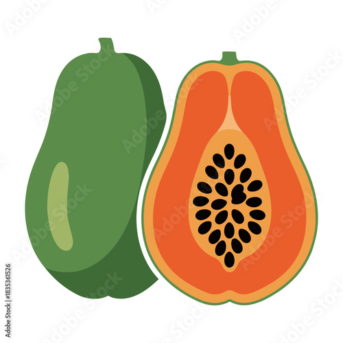 Vector illustration of a whole green papaya and a halved papaya with seeds on a transparent  background.