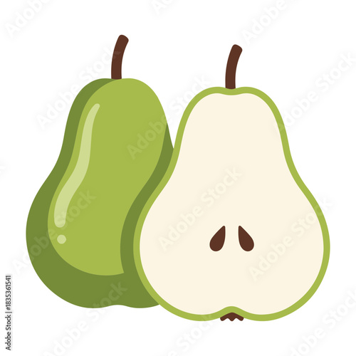 Vector illustration of two pears, one whole and green, the other cut in half showing the seeds inside