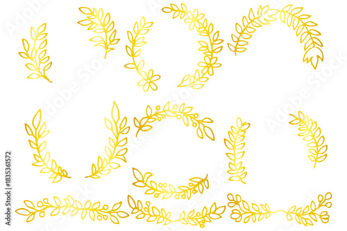 金色の葉っぱフレームセット｜ボタニカル装飾のエレガント線画
