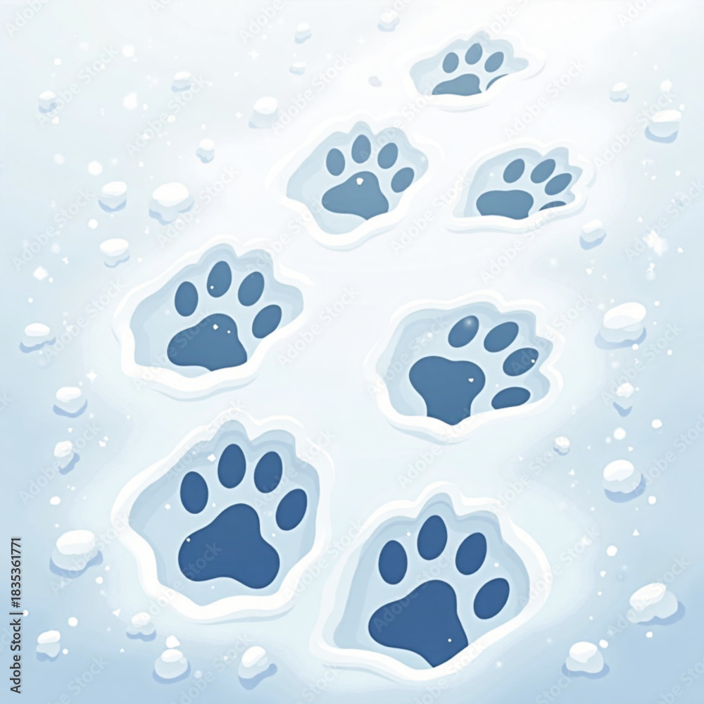 Fototapeta premium Animal paw prints on snowy ground in winter landscape 