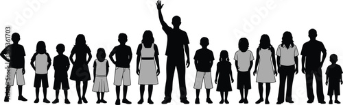 Large Group of Children Silhouette Vector Set with Adult Leader Waving, Diverse Kids and Teacher Figures, Representing Education, Community, Diversity, School, Youth, and Summer Camp Graphic.