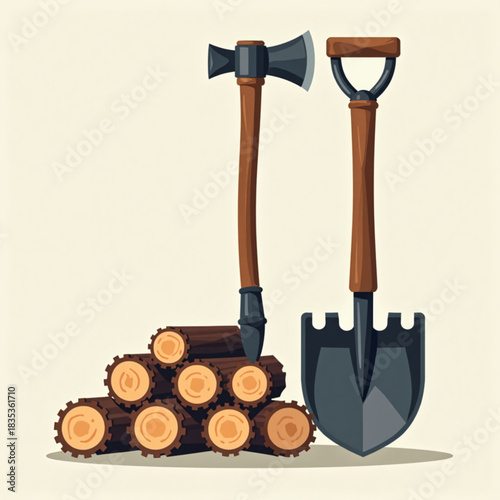 Ax, shovel, and stacked logs in a simple illustration style  