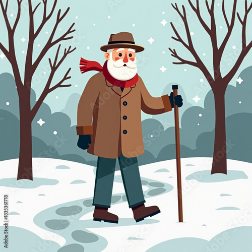 Elderly man walking with a cane in winter landscape with snow  