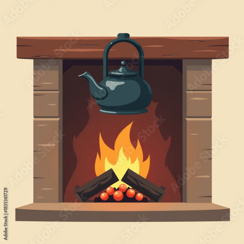 Vintage kettle hanging above roaring fireplace with wooden mantle  