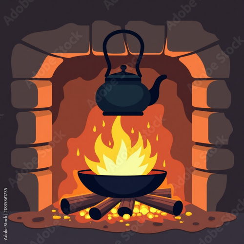 Traditional fireplace with flame and kettle cooking on wood  
