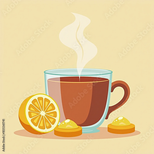 Hot tea in glass cup with lemon and cookies on beige background  