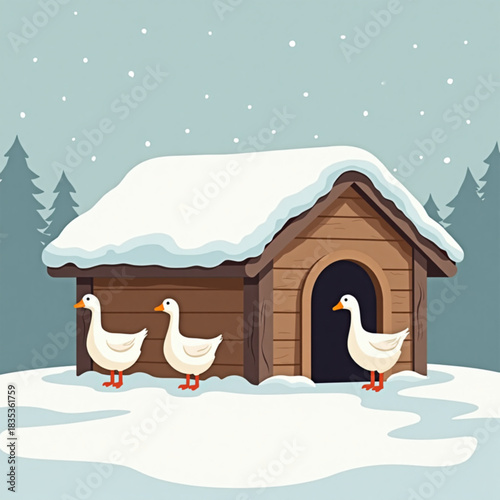 Three white ducks standing outside a wooden house in winter  
