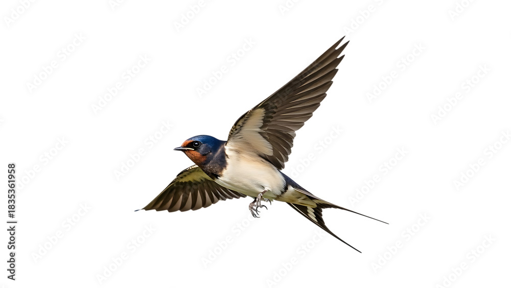 Fototapeta premium Barn Swallow bird, in flight with wings spread showing detailed feathers and long tail feathers, cutout, PNG isolated on white or transparent background