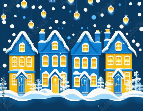 People enjoying winter market with festive stall and snowfall  