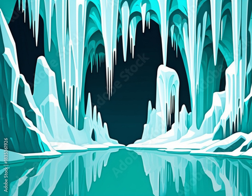 Icy cave with turquoise formations and reflective water surface  