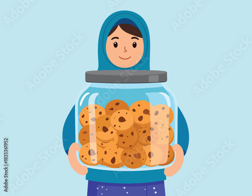A smiling woman wearing a blue hijab holds a large glass jar filled with delicious chocolate chip cookies, set against a light blue background.