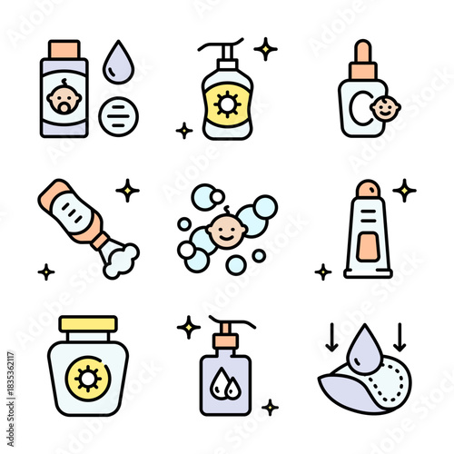 Baby cosmetics color icons set. Cosmetic bottles and beauty products for skincare routine, moisturizing and cleansing. Vector symbols isolated on white background.