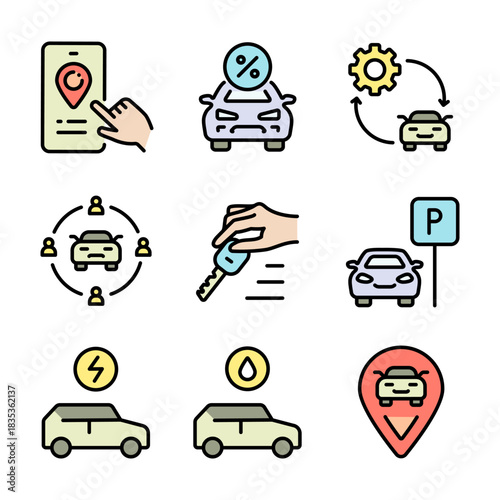 Car Sharing icons set includes driver, dealing, checking, license, app, sell route. Related car rent, repair, transport, and travel. Color symbols vector collection